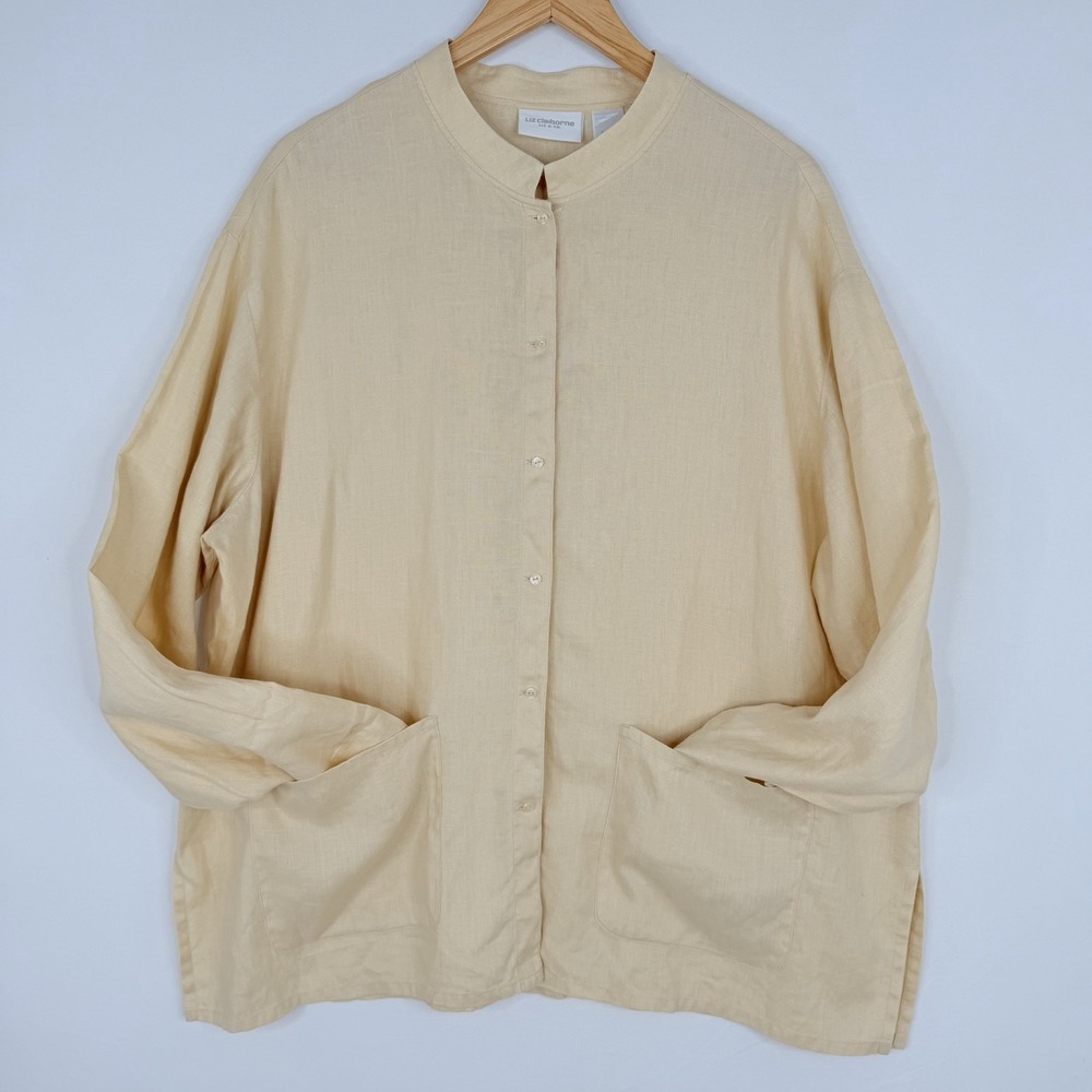 VTG Liz Claiborne Beige 100% Linen Collar Tunic Top Long Sleeve Button Down XL